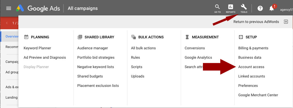 Account Access Link Adwords Settings